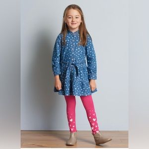 Hatley Light Jean Dress w/ Hearts, Silver Glittered Buttons Size 7